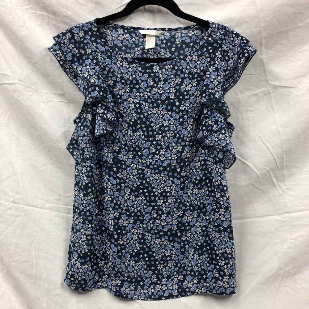 H&M Blue and White Ruffled Blouse